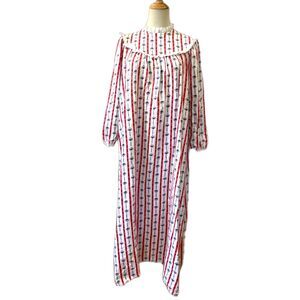 Lanz of Salzburg Vintage Flannel Nightgown Small White Red Blue Hearts Long Slv